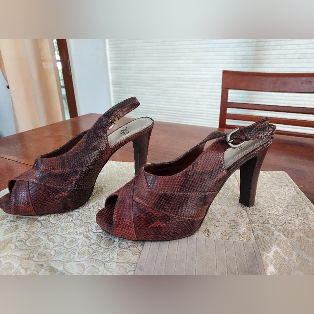 impo Platform Strap Peek a Boo Brown Snake Heels